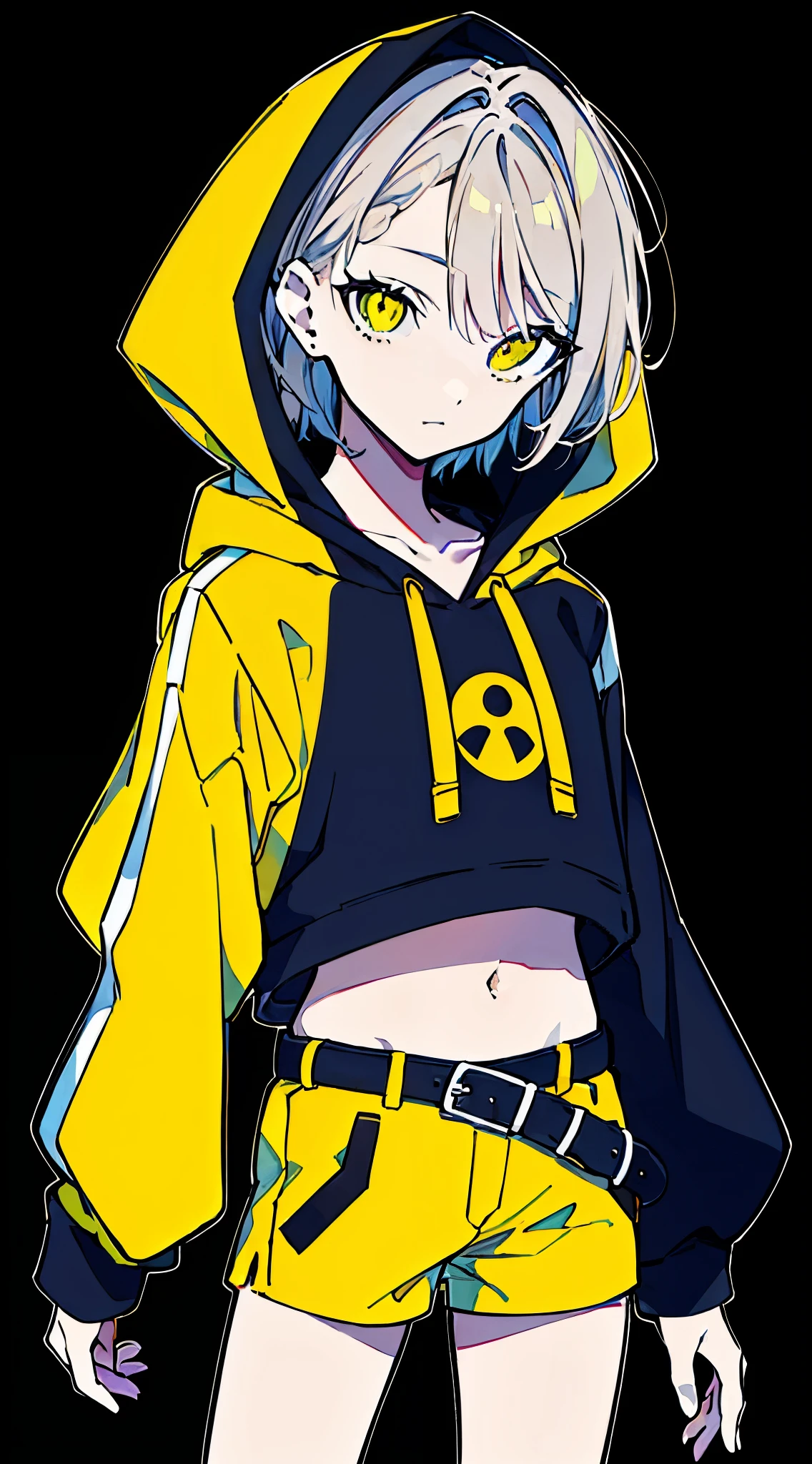 (masterpiece, highest quality:1.6), alone, thick outline, (simple background, Dark yellow background, monochrome, dark yellow theme:1.2), official art, Key Visual, 8K, disorganized, whole body, (Unique hair, Oversized Hoodies, hot pants, arch back, short torso:1.2), belly button, thighs, cowboy shot, HDR, sharp focus, High resolution, most detailed, very detailed, Super detailed, finely, detailed eyes and face, sharp pupils, realistic student
