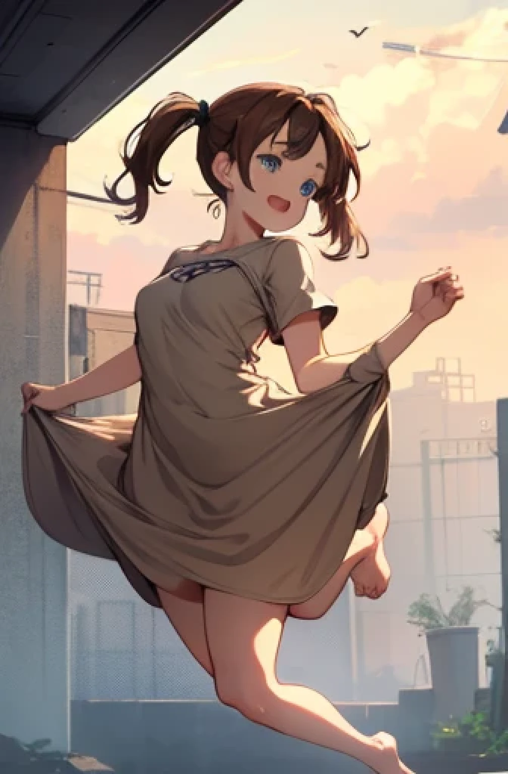 big jump in strong wind, She lifts up the under hem of her beige plain One-piece dress, leaning over, Climax, get ecstasy, masterpiece, very short pigtails,brown hair, Hair tie with two big red clothespins, mature, Female robot, android, blue eyes, full body figure, Height: 160cm, flushed cheeks, 2020s anime picture, missionary angle, A beautiful robot with short brown hair in two short pigtails held up by two very large huge red clothespins, Uplifting, No NSFW, whole body, barefoot, masturbate, Laughter, archaic smile, jumping orgasm, 25 years old, little bust