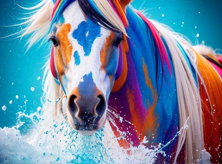 a whole head of a horse, popping several colorful splashes, abstract, Art by Alberto Seveso, intricate (((solo)))), backgroundless, higher definition, 8k, photorealism, stlye portrait, masterpiece