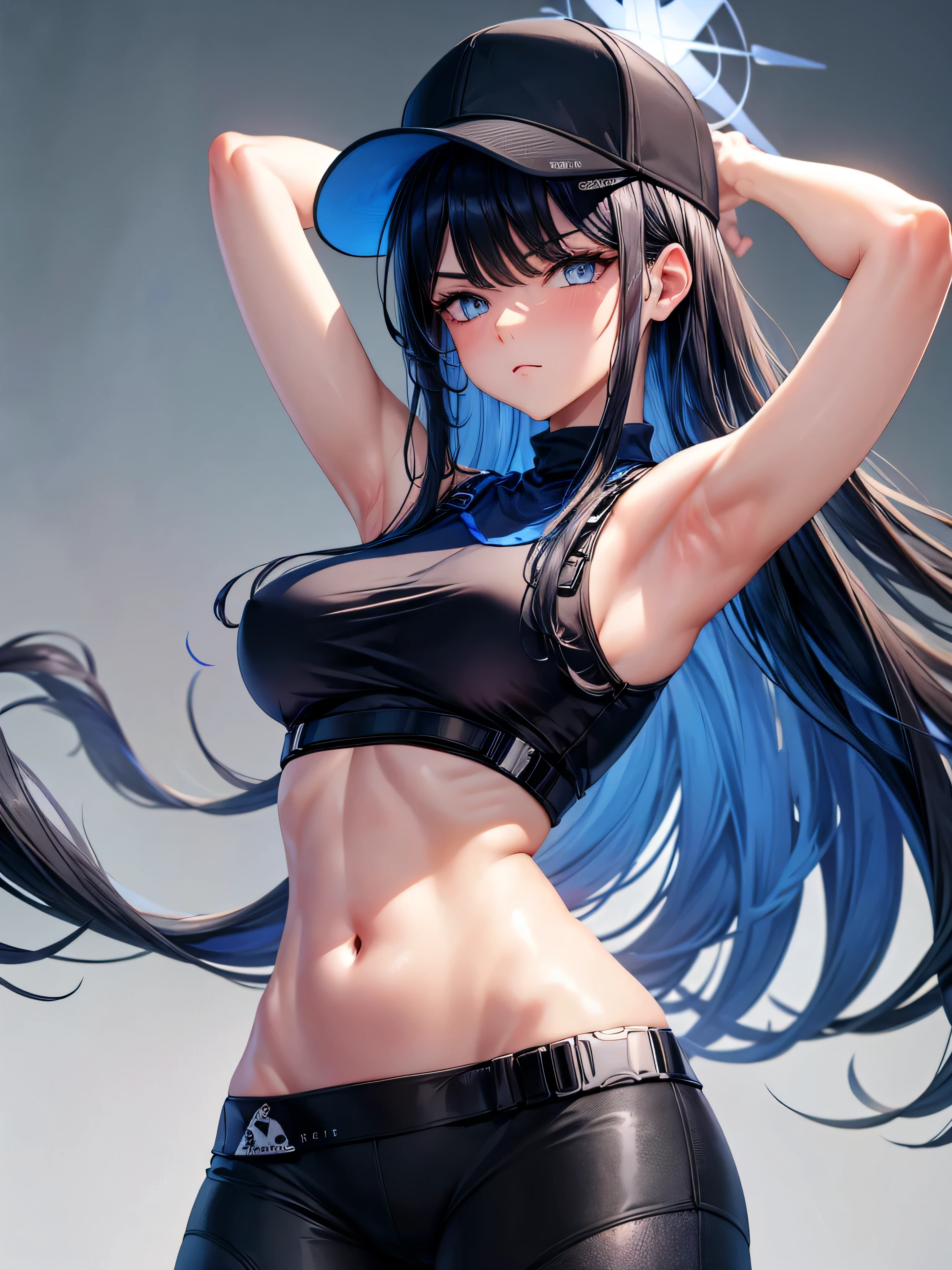 best quality, masterpiece, highres, solo, saori \(blue archive\),sexy stretch,sexy pose,arms above head,arms stretched sexily,arms gracefully poised in air,highly detailed close up on bare gleaming ass,exquisitely detailed close up on bare gorgeous ass,detailed zoom in on bare butt crack,long hair, bangs,blue eyes looking away in disappointment,embarrased,black hair, halo, black baseball cap, black crop top,black pants,black pants pulled down,black mask,white background, simple background