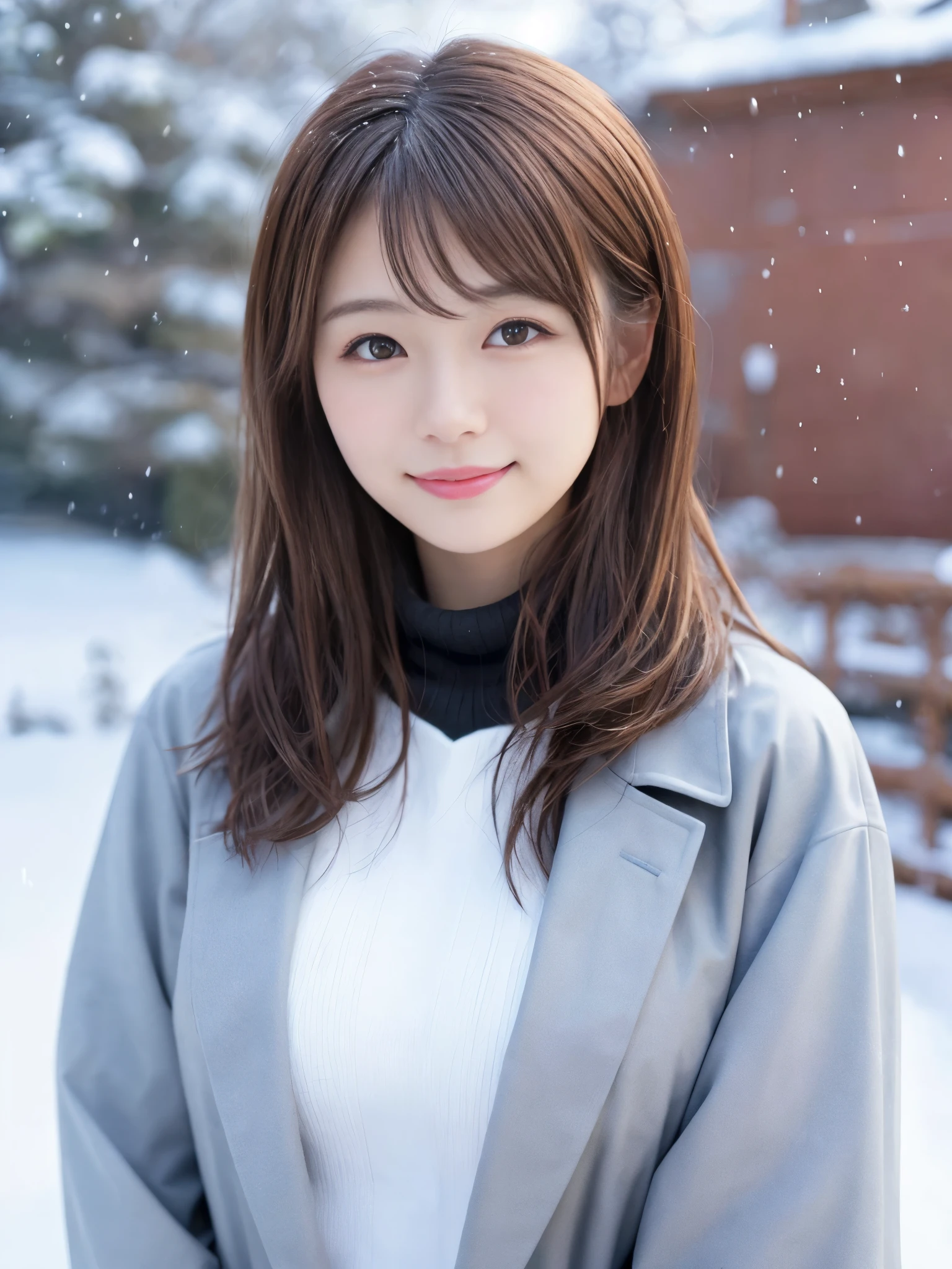 realistic pictures (1 Cute Japanese gravure idol) shoulder length hair, light makeup, big breasts, wearing a coat, in the snow, clear facial features, 8K high resolution, sharp and realistic details.from outside, eye level shot, f/4.0, 135mm, fujifilm, jpeg artifact, dithering, UHD, masterpiece