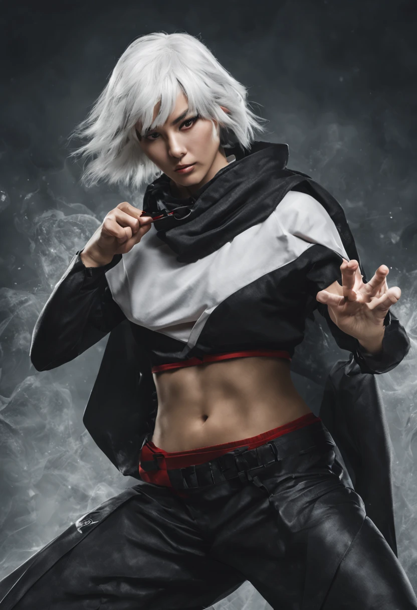 Fighting girl, epic, with particles, HD, 8k, white hair, with black cape, line marks on the face, serious face, closed mouth, casual pose, hands in Bruce Lee position, tactical pants, black hood, black lines under eyes, black polar diver, eyes with marked rings, detailed face, blood on the lips, full body,