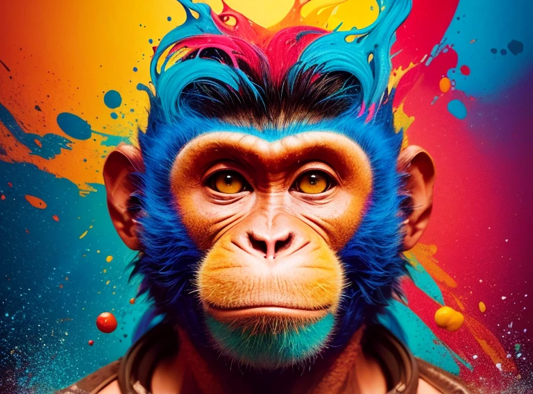 a whole head of a monkey, popping several colorful splashes, abstract, Art by Alberto Seveso, intricate (((solo)))), backgroundless, higher definition, 8k, photorealism, stlye portrait, masterpiece