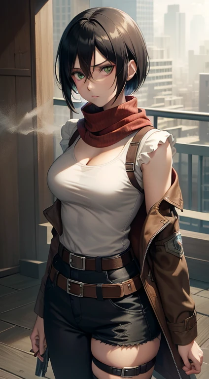 aot style, shingeki no kyojin,
mikasa ackerman,cleavage,Off-the-shoulder attire
1girl, arm strap, bangs, black hair, black pants, breasts, cowboy shot, embers, green eyes, grey background, hair between eyes, harness, long sleeves, looking at viewer, medium breasts, pants, red scarf, scarf, shirt, short hair, smoke, solo, thigh strap, brown jacket, white shirt, survey corps \(emblem\)
, ((masterpiece)), best quality
,
