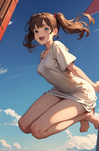 big jump in strong wind, She lifts up the under hem of her beige plain One-piece dress, leaning over, Climax, get ecstasy, masterpiece, very short pigtails,brown hair, Hair tie with two big red clothespins, mature, Female robot, android, blue eyes, full body figure, Height: 160cm, flushed cheeks, 2020s anime picture, missionary angle, A beautiful robot with short brown hair in two short pigtails held up by two very large huge red clothespins, Uplifting, No NSFW, whole body, barefoot, masturbate, Laughter, archaic smile, jumping orgasm, 25 years old, little bust