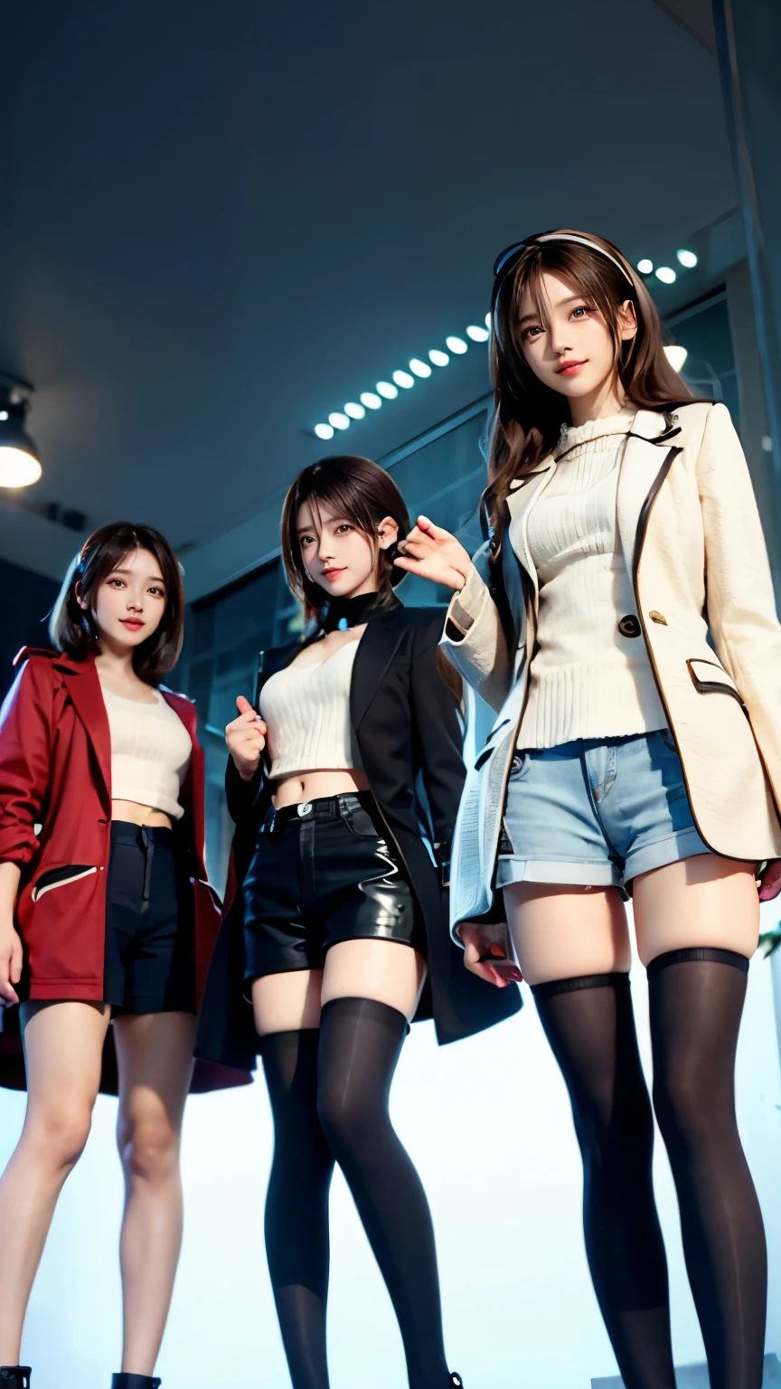 Carrot、Supermodel、Perfect build、Muchimuchi、Three girls are looking at the viewer、 3 girls、、Thighhighs、beautiful feet、hot pants、coat、cyber punk、headphone、gentle smile、Seen by girls from below、Innocent face
