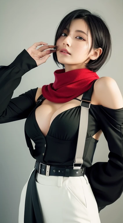 aot style, shingeki no kyojin,
mikasa ackerman,cleavage,Off-the-shoulder attire
1girl, arm strap, bangs, black hair, black pants, breasts, cowboy shot, embers, green eyes, grey background, hair between eyes, harness, long sleeves, looking at viewer, medium breasts, pants, red scarf, scarf, shirt, short hair, smoke, solo, thigh strap, brown jacket, white shirt, survey corps \(emblem\)
, ((masterpiece)), best quality
,