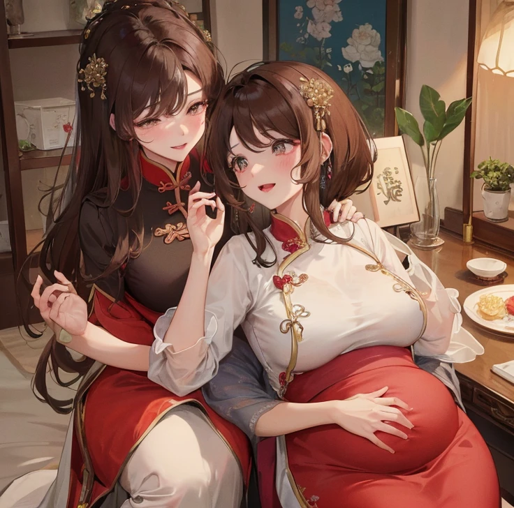 masterpiece, best quality, married woman, aldult, Chinese style, China, elder sister, Smile, hairpin,brown hair, Princess,Full of motherhood,China传统服饰,purely,blush,Dignified yet lively,Mother,Hands on the stomach,Mature,Pregnant,Beautifully,pregnancy,wife