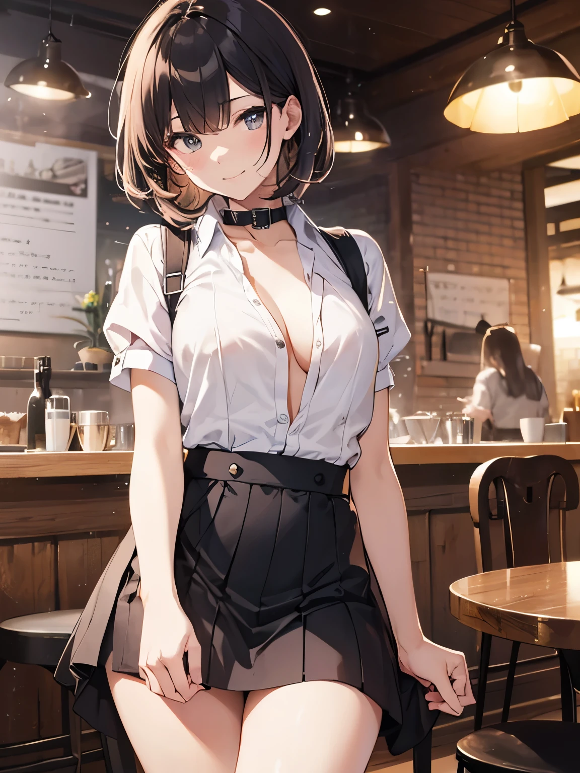 (official art、highest quality、Unity 8k wallpaper、32K、masterpiece、super detailed、超high resolution、realistic、Photoreal:1.2)、(cinematic lighting:1.2)、fire glow effect、film grain、best shadows、rim lighting、side light、(Super detailed and complex 3D rendering)、Background like Makoto Shinkai、detailed beautiful face and eyes、(Beautiful and sharp pupils)、masterpiece, high resolution、highest quality, ultla highres, maximum resolution, very detailed, professional lighting, beautiful skin, 28 year old woman、very pretty、Brooklyn、Inside the cafe、sofa、waitress、Maid clothes、work at a cafe、Maid clothes、skirt、grab the collar of the shirt、Show off your chest、(panties:1.1、Shirt Unbuttoning:1.1、bra:1.1)、shoes下、shoes、bright hair color、blonde、bangs、dull bangs、(((squint your eyes、grinning、ridicule、naughty face)))、The girl is looking to the side、Wide angle、angle from below、(((Precise human body structure、Correct and accurate number of limbs、Correct and accurate number of fingers)))