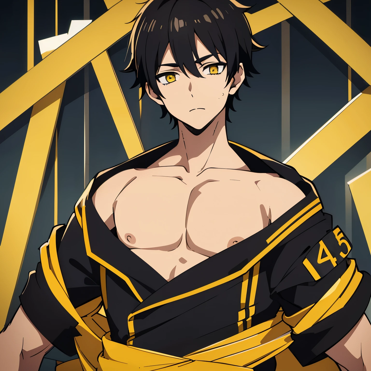 1 boy, black hair, yellow eyes, black uniform, calm face, short hair, handsome, boy