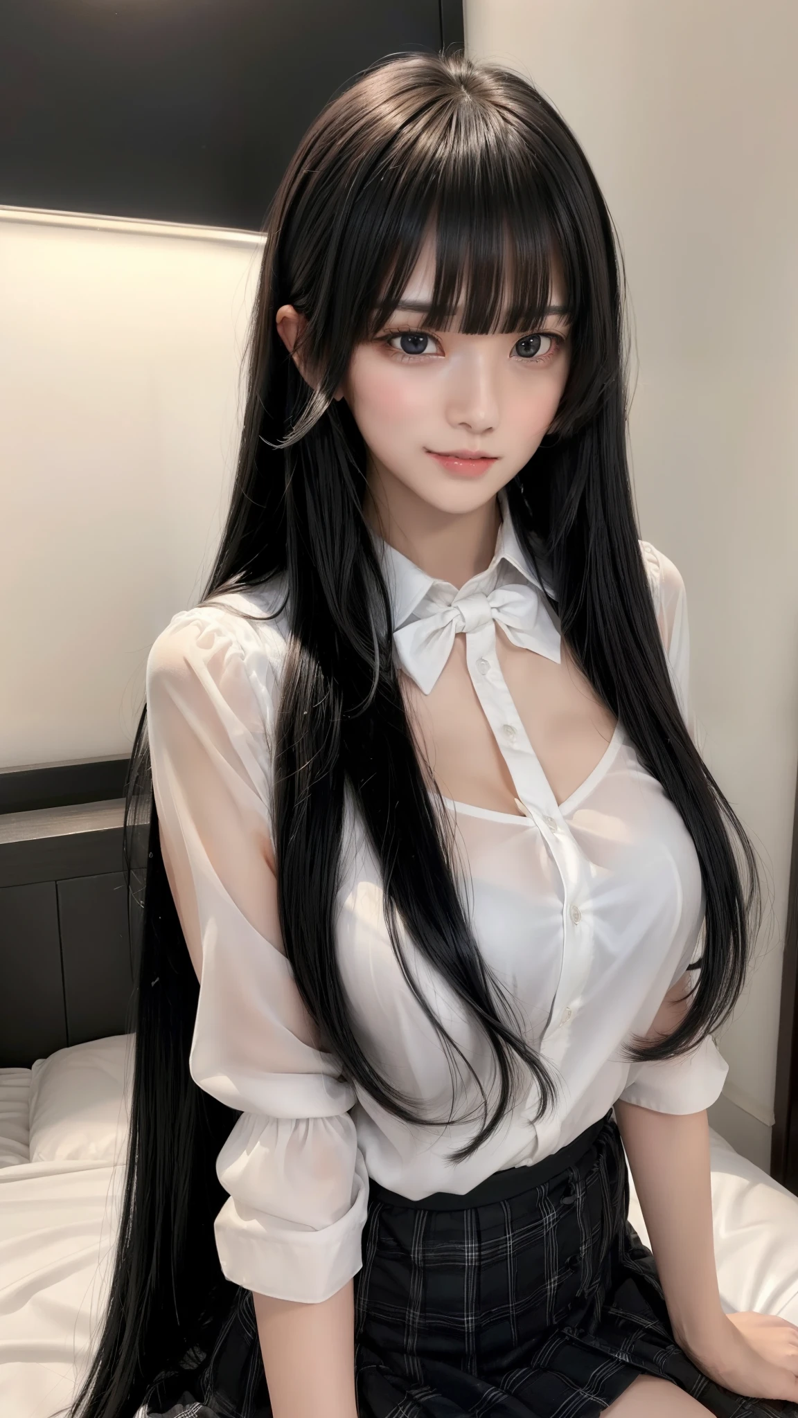(((Straight bangs:1.5))),(((Very long black hair, Ridiculously long black hair:1.1))),Long black hair like a stream of water, Lustrous black hair all over the back, Black hair shiny like silk thread, Long black hair shining like jewels, black hair with wet feathers, 1girl in, (blush)+, lightsmile, School uniform, Short sleeves, Narrowed eyes, (upward-eyed)1.1, Backlight, Bokeh, (the see-through white shirt), bowtie, (Huge breasts, Super breasts), plaid skirts, White panties, ,a beauty girl, blush, Seductive smile,Insane details and very detailed, Huge lower eyelid. masutepiece, of the highest quality, Ultra high definition, max resolution, Very detailed, Clean skin,、露出胸部、露出乳房、巨大的胸部，巨大的乳房、露出胸部、露出胸部、露出乳房、巨大的胸部，巨大的乳房、露出胸部、露出胸部、露出乳房、巨大的胸部，巨大的乳房、露出胸部