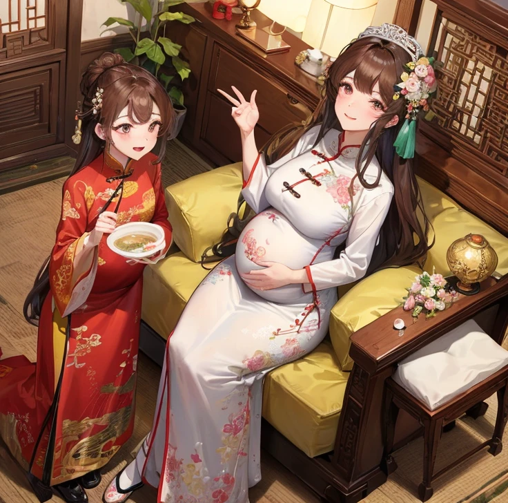 masterpiece, best quality, married woman, aldult, Chinese style, China, elder sister, Smile, hairpin,brown hair, Princess,Full of motherhood,China传统服饰,purely,blush,Dignified yet lively,Mother,Hands on the stomach,Mature,Pregnant,Beautifully,pregnancy,wife