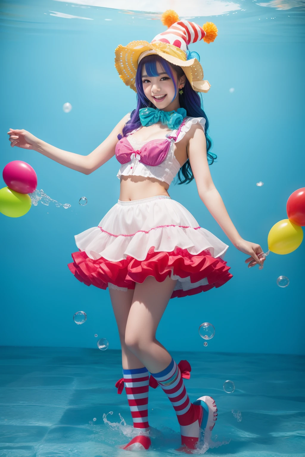 Water-covered female idol body Esbian、、Water-covered clown fashion、Clown hat、Full body Esbian、colorful hair、juggling with fireballs