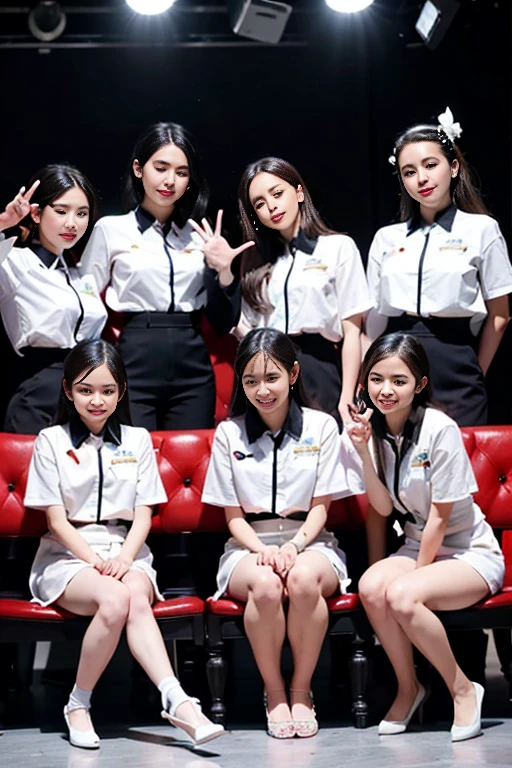 (masterpiece, best quality), (ridiculous:1.2), (Super detailed, 8k, ultra high definition:1.2), (Beautiful 4girls and handsome 4boys:1.3), young, Slim, (composition), blush, a happy expression, dramatic lighting, (short and small, Petite figure), (group picture, gather, friends), (multiple boys:1.2), looking at the audience, permanent, sitting, pose, Uniforms, (Many loving couples:1.2), V sign