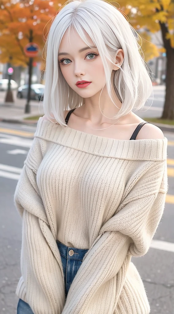 Medium Shot Shot, A beautiful woman looks at the camera, White hair, Chris Foss autumn off-the-shoulder sweater