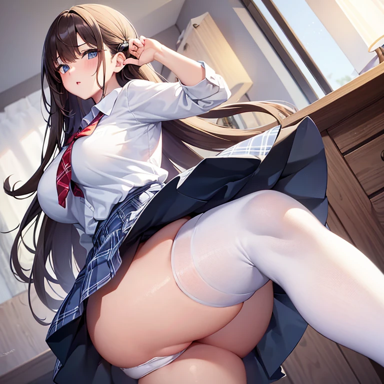 One girl, masterpiece, cute girl, looking back, white underwear, from below, brown hair, long hair, school uniform, white shirt, blue tartan check short skirt, white knee high socks, pussy juice, large breasts, detail, 4k, sexy, good pupil, 4k, detailed