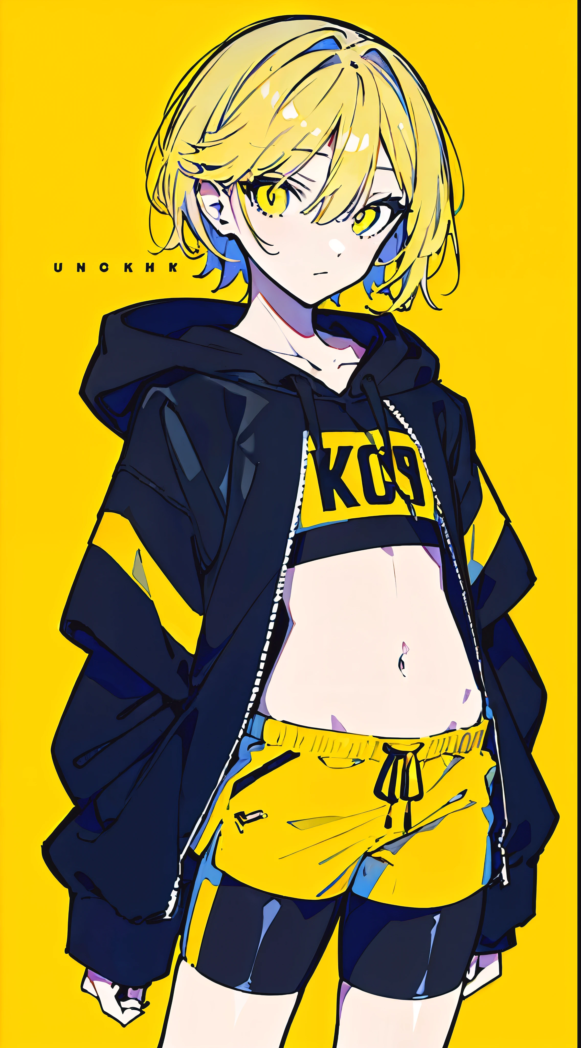 (masterpiece, highest quality:1.6), alone, thick outline, (simple background, Dark yellow background, monochrome, dark yellow theme:1.2), official art, Key Visual, 8K, confused, whole body, (Unique hair, oversized hoodie, hot pants, arch back, short torso:1.2), belly button, thighs, cowboy shot, HDR, sharp focus, High resolution, most detailed, very detailed, Super detailed, finely, detailed eyes and face, sharp pupils, realistic student