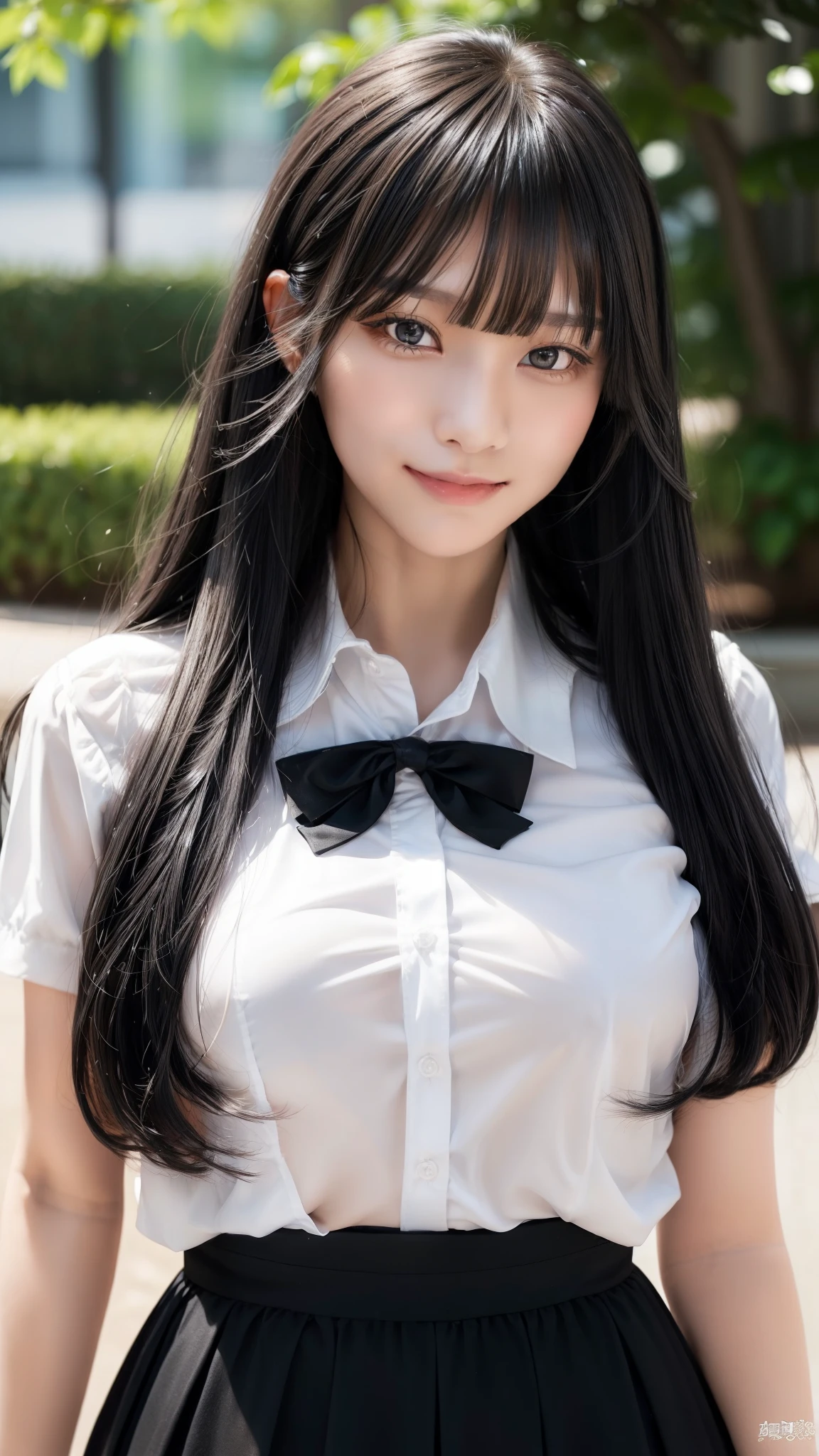 (((Straight bangs:1.5))),(((Very long black hair, Ridiculously long black hair:1.1))),Long black hair like a stream of water, Lustrous black hair all over the back, Black hair shiny like silk thread, Long black hair shining like jewels, black hair with wet feathers, 1girl in, (blush)+, lightsmile, School uniform, Short sleeves, Narrowed eyes, (upward-eyed)1.1, Backlight, Bokeh, (the see-through white shirt), bowtie, (Huge breasts, Super breasts), plaid skirts, White panties, ,a beauty girl, blush, Seductive smile,Insane details and very detailed, Huge lower eyelid. masutepiece, of the highest quality, Ultra high definition, max resolution, Very detailed, Clean skin,、露出胸部、露出乳房、巨大的胸部,巨大的乳房、露出胸部、露出胸部、露出乳房、巨大的胸部,巨大的乳房、露出胸部、露出胸部、露出乳房、巨大的胸部,巨大的乳房、露出胸部
