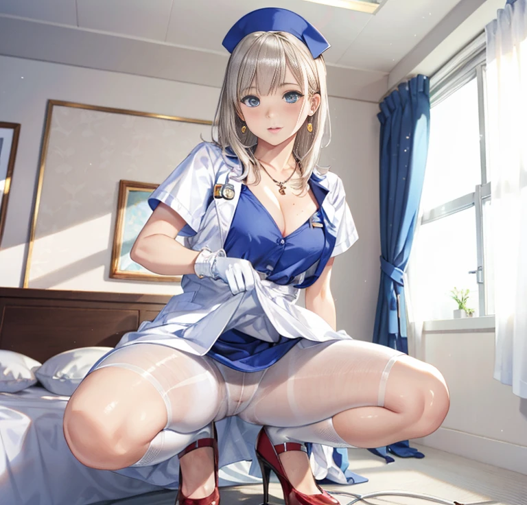 1girl, (solo:1.2), (cowboy shot:1.2), (Beautiful and detailed eyes description), (Beautiful and detailed face), Perfect female body, neat figure, slender waist, (young girl), (20 years old), long hair, platinum blonde hair, very big eyes, blue eyes, medium breasts, blush, shy, watery lips, nurse, (transparent nurse dress), nurse cap, unbuttoned, (white gloves:1.2), (white pantyhose), high heels, necklace, earrings, indoors, school nurse, hospital bed, window, white curtains, sunlight, squatting, (best quality), (ultra detailed), (masterpiece), (highres), (original), (extremely detailed CG unity 8K wallpaper), character design, game cg, detailed manga illustration,(NSFW 1.1), with out clothes (naked), big