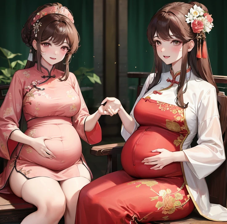 masterpiece, best quality, married woman, aldult, Chinese style, China, elder sister, Smile, hairpin,brown hair, Princess,Full of motherhood,China传统服饰,purely,blush,Dignified yet lively,Mother,Hands on the stomach,Mature,Pregnant,Beautifully,pregnancy,wife