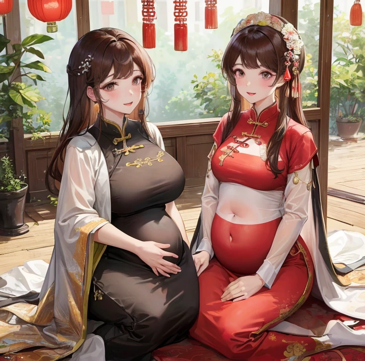 masterpiece, best quality, married woman, aldult, Chinese style, China, elder sister, Smile, hairpin,brown hair, Princess,Full of motherhood,China传统服饰,purely,blush,Dignified yet lively,Mother,Hands on the stomach,Mature,Pregnant,Beautifully,pregnancy,wife