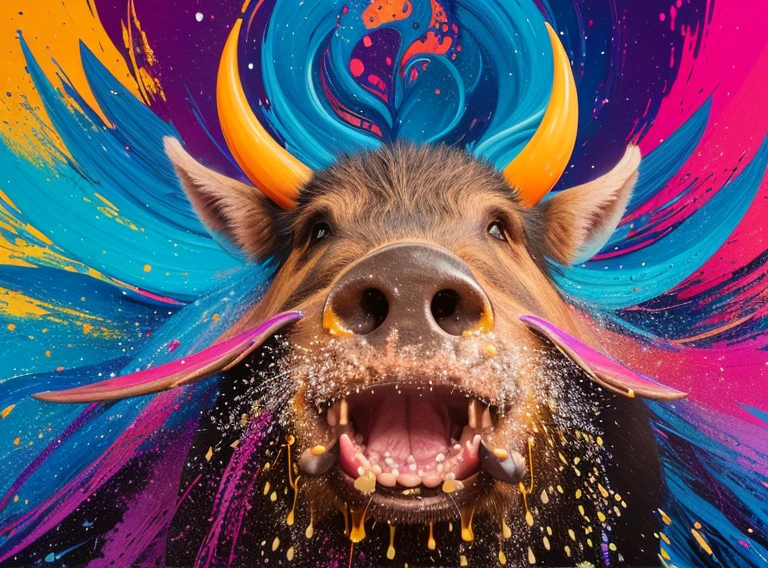 a whole head of a boar, popping several colorful splashes, abstract, Art by Alberto Seveso, intricate (((solo)))), backgroundless, higher definition, 8k, photorealism, stlye portrait, masterpiece