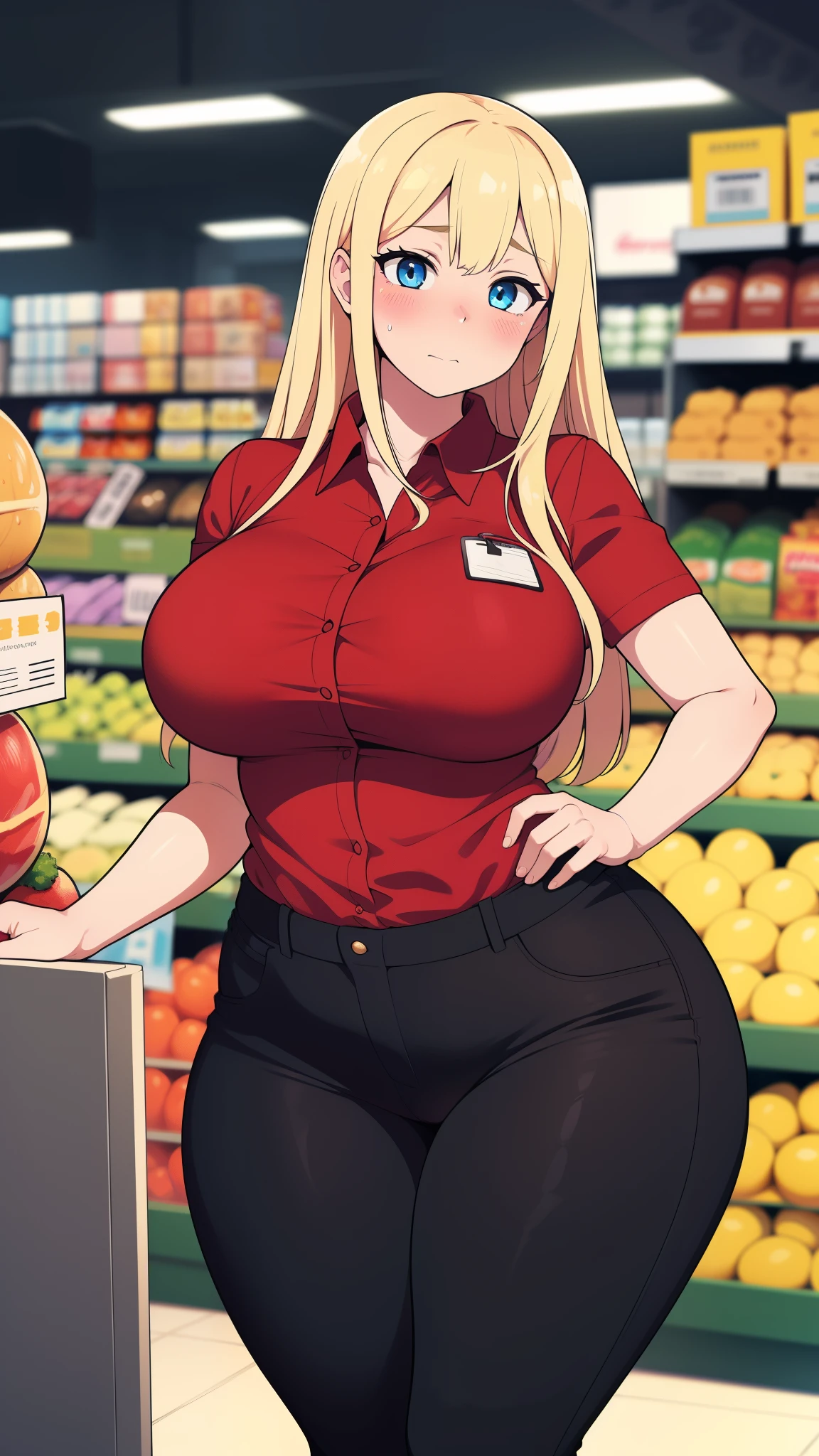 ((highres)), Masterpiece, high quality, best quality, beautiful, perfect lighting, detailed face, ultra cute face, ((1girl)), ((blush)), long blonde hair, blue eyes, red shirt, black pants, work uniform, tight clothes, super market, medium breasts, perky breasts, wide hips, thick thighs,
