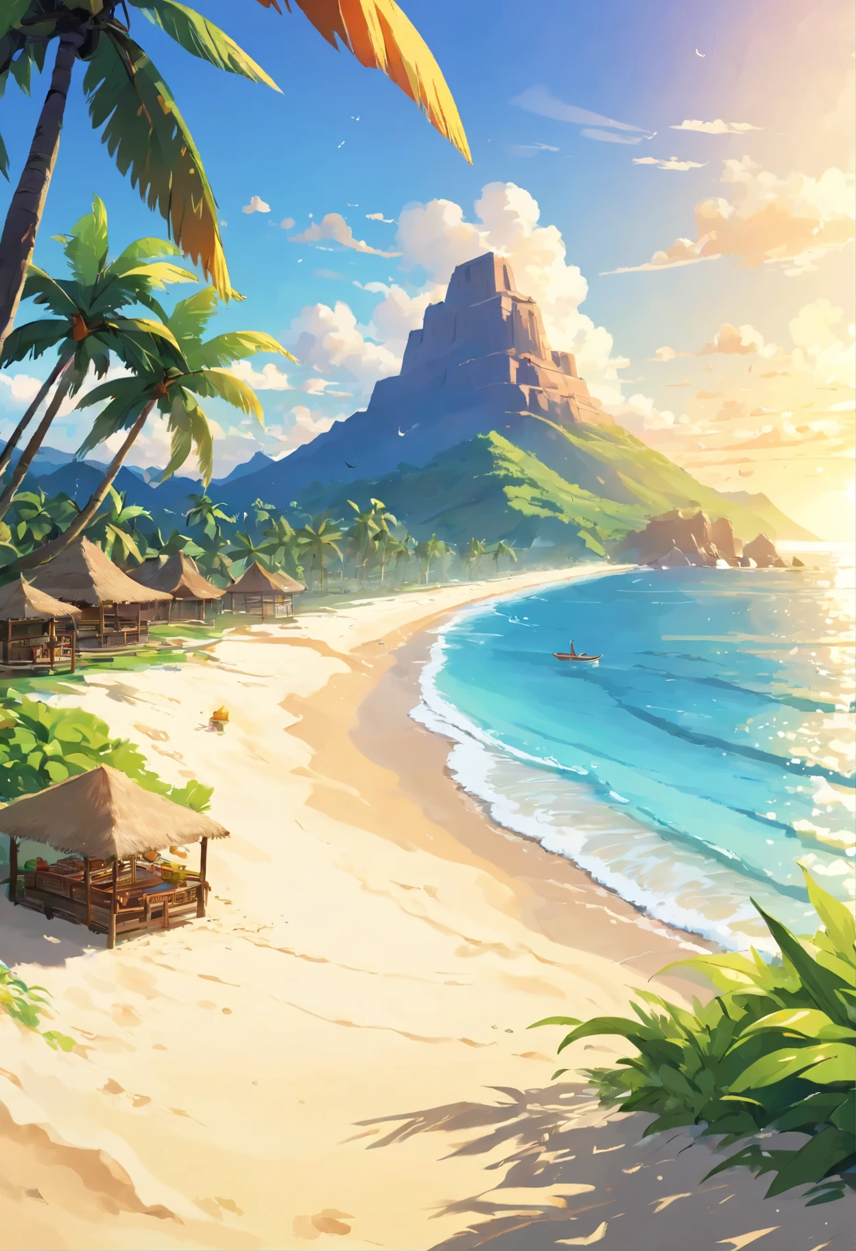 (masterpiece:1.5), highly detailed, ultra-detailed, panoramic view, tropical paradise, luxurious resort, golden sandy beach, crystal clear water, palm trees swaying slowly in the breeze, stunning sunset with bright orange and red hues contrasting against the blue sky, peaceful atmosphere, warm and inviting climate, natural shading, intricate details of palm tree leaves, sand grains on the beach, and other elements, high definition resolution, art work, monochrome for dramatic effect.