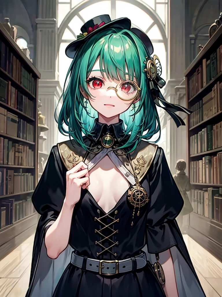 (((masterpiece、Highest image quality、highest quality、highly detailed unity 8kwallpaper)))、((Illustration of one girl、upper body))、(((beautiful girl)))、(librarian)、(Emerald green hair、messy hair、sidelocks:1.2、red eyes、crazy smile)、(((flat chest)))、(((monocle)))、pocket watch、(((Black top hat、Black tuxedo、belt)))、great medieval library、Large amount of books