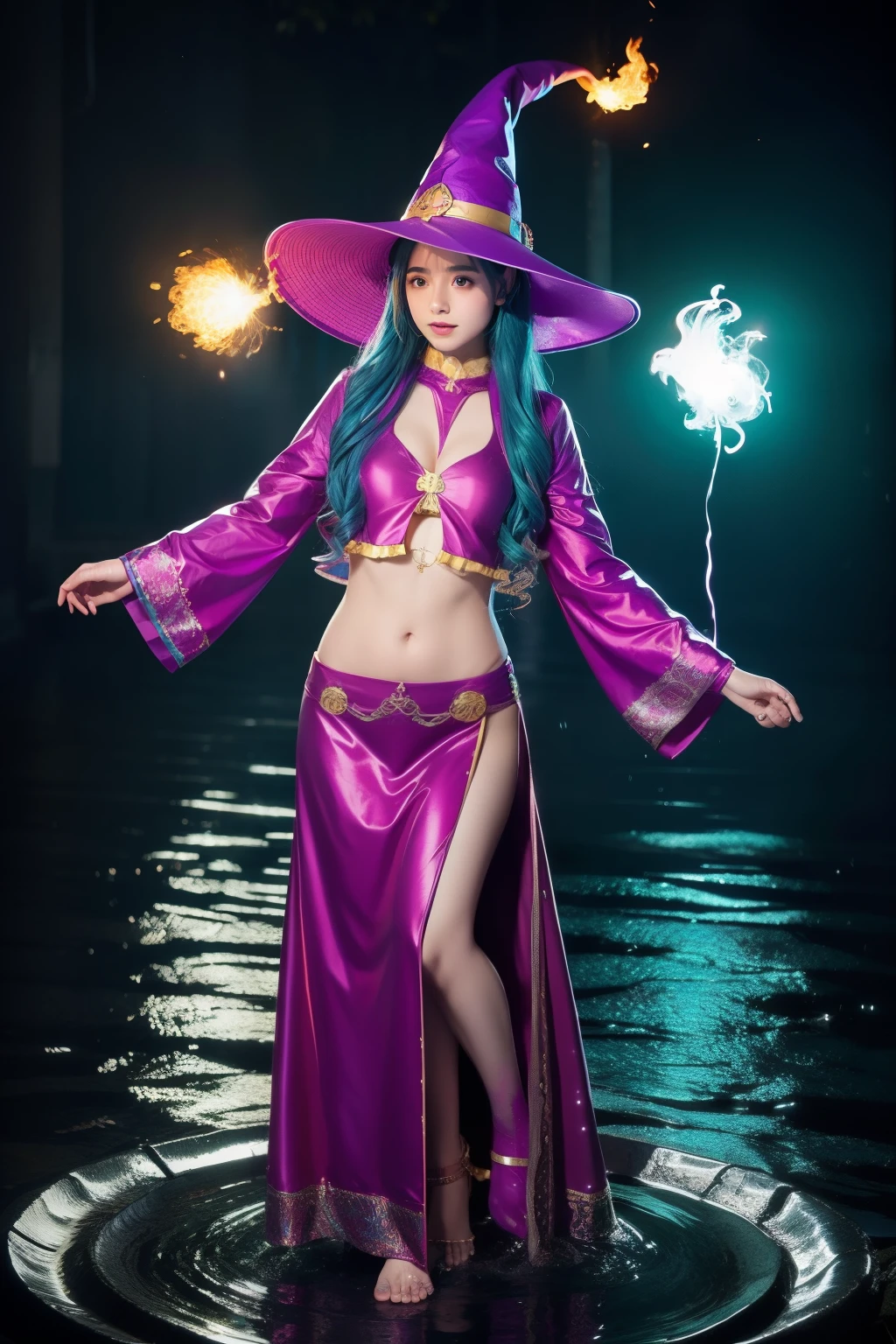 Water-covered female idol body Esbian、、Water-covered wizard fashion、witch hat、Full body Esbian、colorful hair、juggling with fireballs