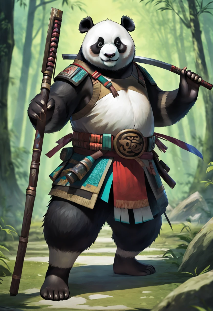 even,Panda,No human,Animal,Ditu,Totem,looking at viewer,take a weapon in one hand,holding weapon,standing, full body,solo,MG xiongmao