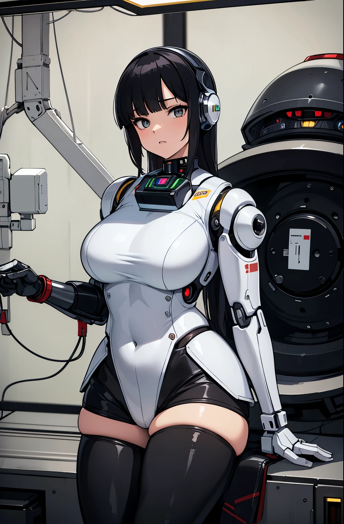 masterpiece, best quality, extremely detailed, Japaese Cyborg girl,Plump , control panels,android,Droid,Mechanical Hand, Robot arms and legs, Black hair,Blunt bangs,perfect robot girl,long tube,thick cable connected her neck,android,robot,humanoid,cyborg,japanese android woman ,future laboratory,connecting a cable between the legs,hotpants,darkblack knee high socks,