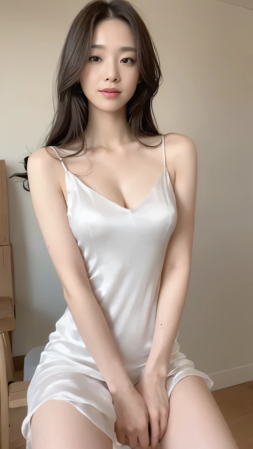 ((top-quality、8k、​masterpiece:1.3))、Beautiful woman with perfect body:1.4、slim abdomen:1.2、Longhair, normal breast, Highly detailed facial and skin texture, A detailed eye, delicate eyes, (smile), (full body shot), ((studio)), (sitting on a chair), (((wearing white silk dress))), looking in front, (plain grey background)