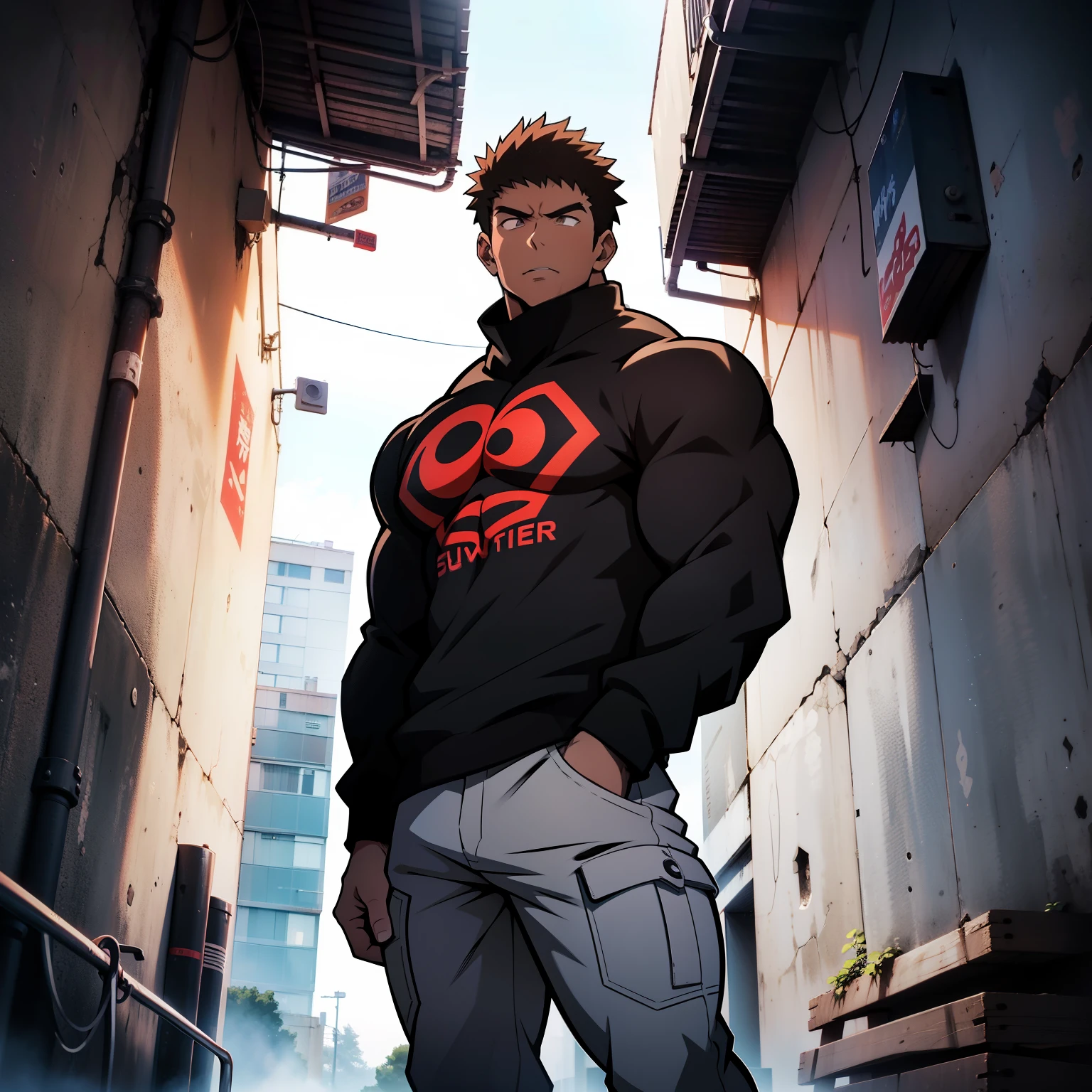((arte estilo anime)), imagem superior, angulo de cima para baixo, personagem masculino extremamente musculoso, corpo de bodybuilder, wearing a long-sleeved blouse with hood covering the head, Character is leaning against a wall with his hands in his pockets, Scenery of the Urban Center, rua movimentada, buildings, pessoas e veiculos. Personagem protagonista de anime, imagem bonita, hard disk, 4k, Protagonist character leaning against a wall with his hands in his pockets, (((imagem angulo superior)))