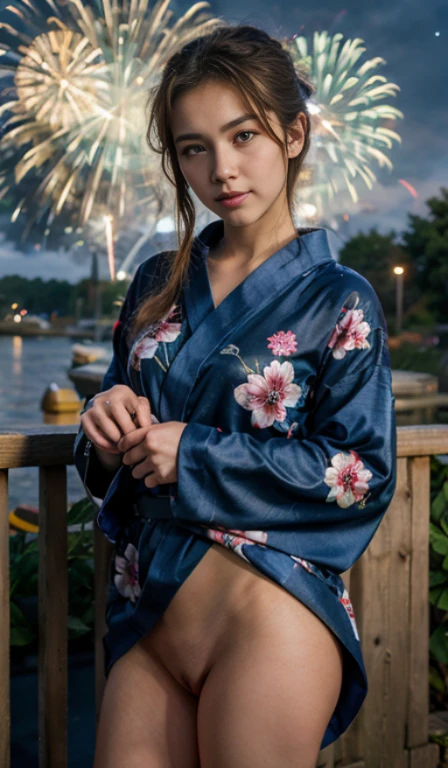 ((masterpiece, top quality, super definition, high definition)), solo, beautiful girl, shining eyes, perfect eyes, 16 years old, blue theme, yukata, fireworks