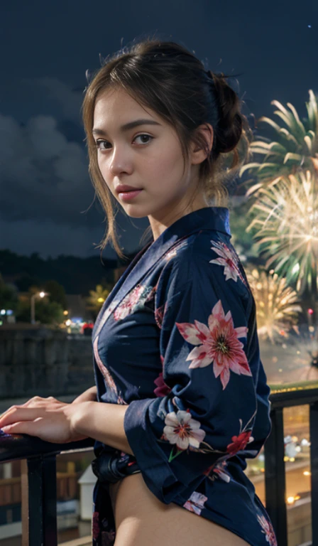 ((masterpiece, top quality, super definition, high definition)), solo, beautiful girl, shining eyes, perfect eyes, ************, blue theme, yukata, fireworks