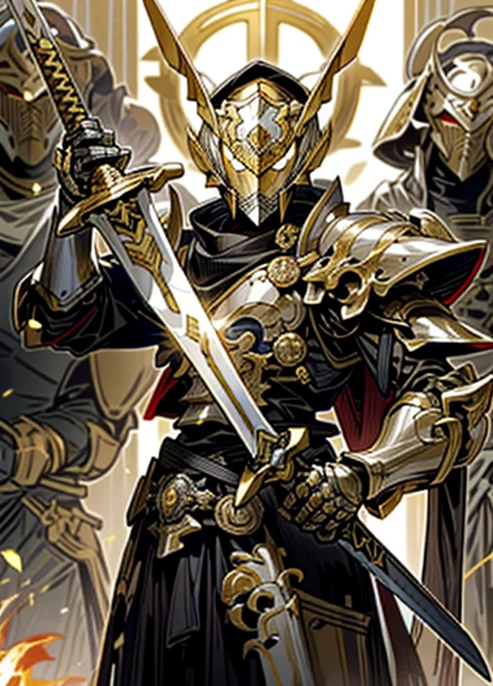 Knights of the West，Gold armor，Pure gold one-handed sword，Surrounded by fire snakes，Divine flame，Divine brilliance，clean，cross，Warriors of the Gods，Mecha，Kamen Rider，Armor Warriors