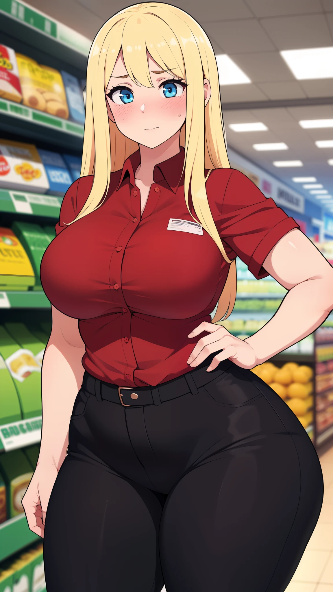 ((highres)), Masterpiece, high quality, best quality, beautiful, perfect lighting, detailed face, ultra cute face, ((1girl)), ((blush)), long blonde hair, blue eyes, red shirt, black pants, work uniform, tight clothes, super market, medium breasts, perky breasts, wide hips, thick thighs, chubby,