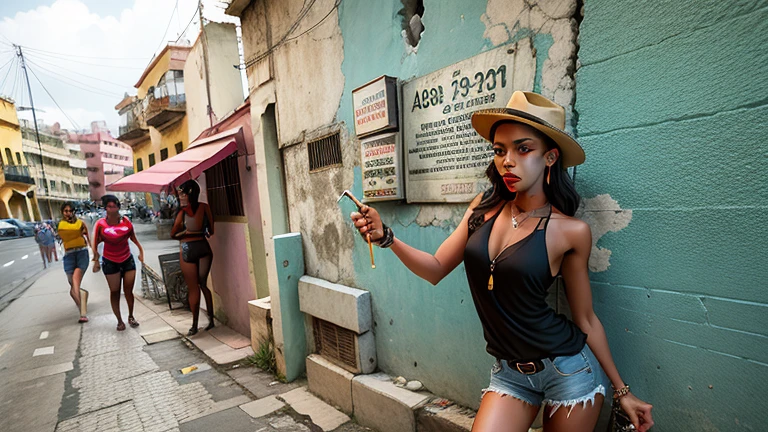 There is a very beautiful young prostitute standing on the sidewalk talking on her cell phone, 18 year old Cuban, beautiful slim body, there are several sexy prostitutes in the background, prostitutes on the street, Cubans in Havana, Life on the street, Action Object: Smoke a cigarette
