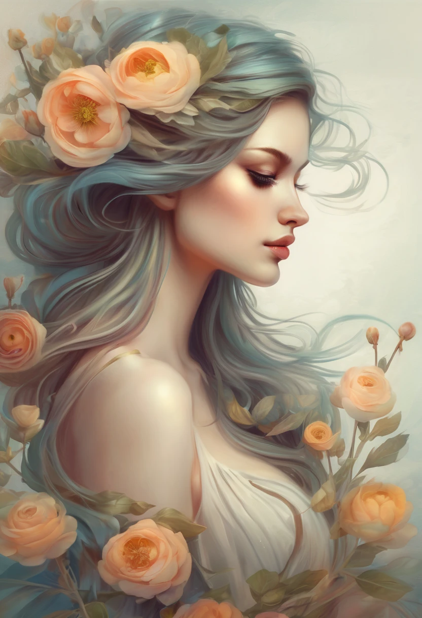 Painting of a beautiful woman in profile with long hair and ranunculus flowers in her hair, beautiful digital illustrations, Beautiful artwork illustration, amazing digital illustrations, beautiful digital artwork, Inspired by Anna Dittman, amazing digital art, exquisite digital illustration, In the style of Anna Dittmann, beautiful digital art, beautiful amazing digital art, very beautiful digital art, beautiful fantasy art portrait