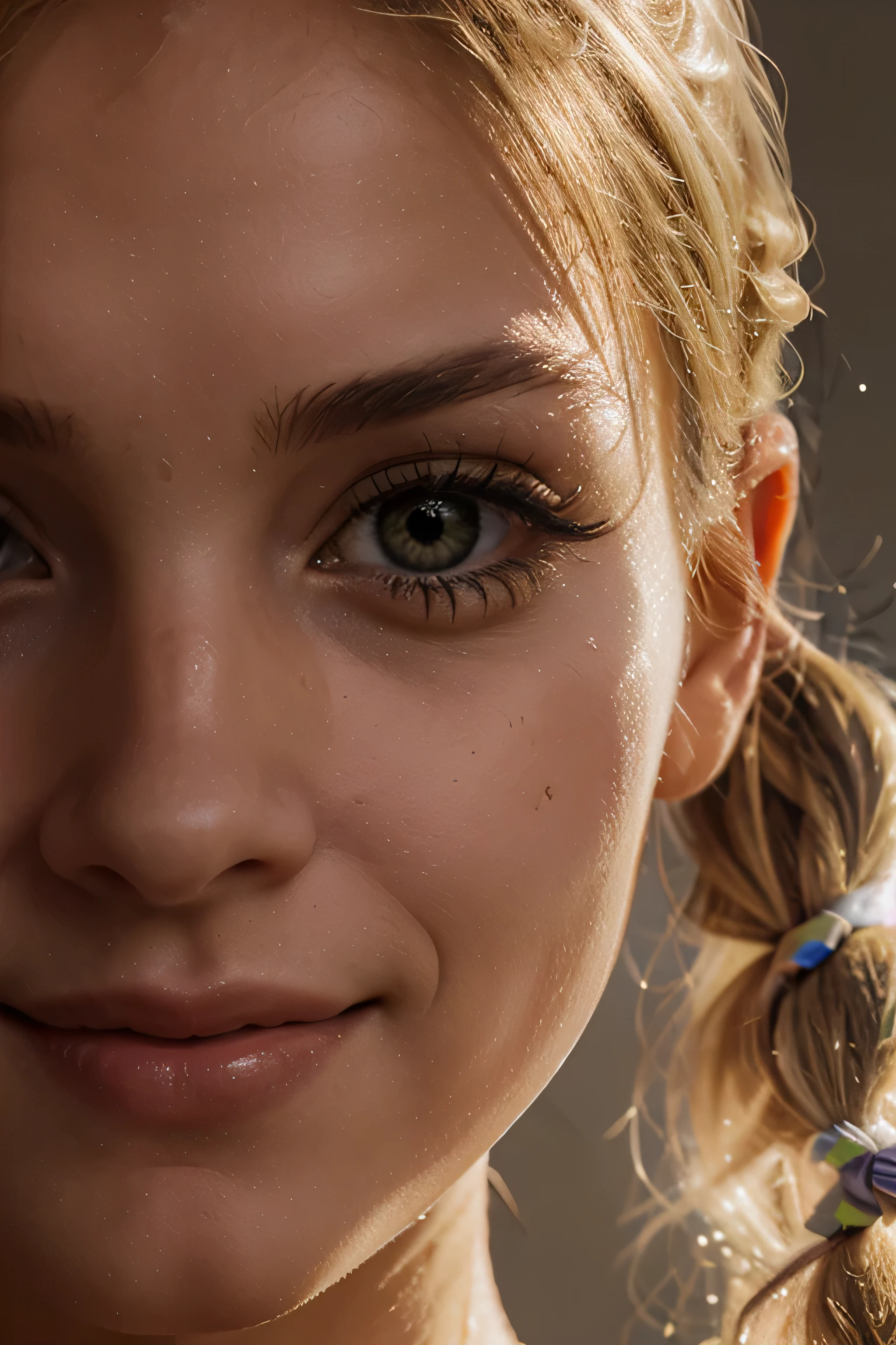 blonde pigtails ultra close up eye and nose, partial face, smiling attractive proportions, graphic light and shadow