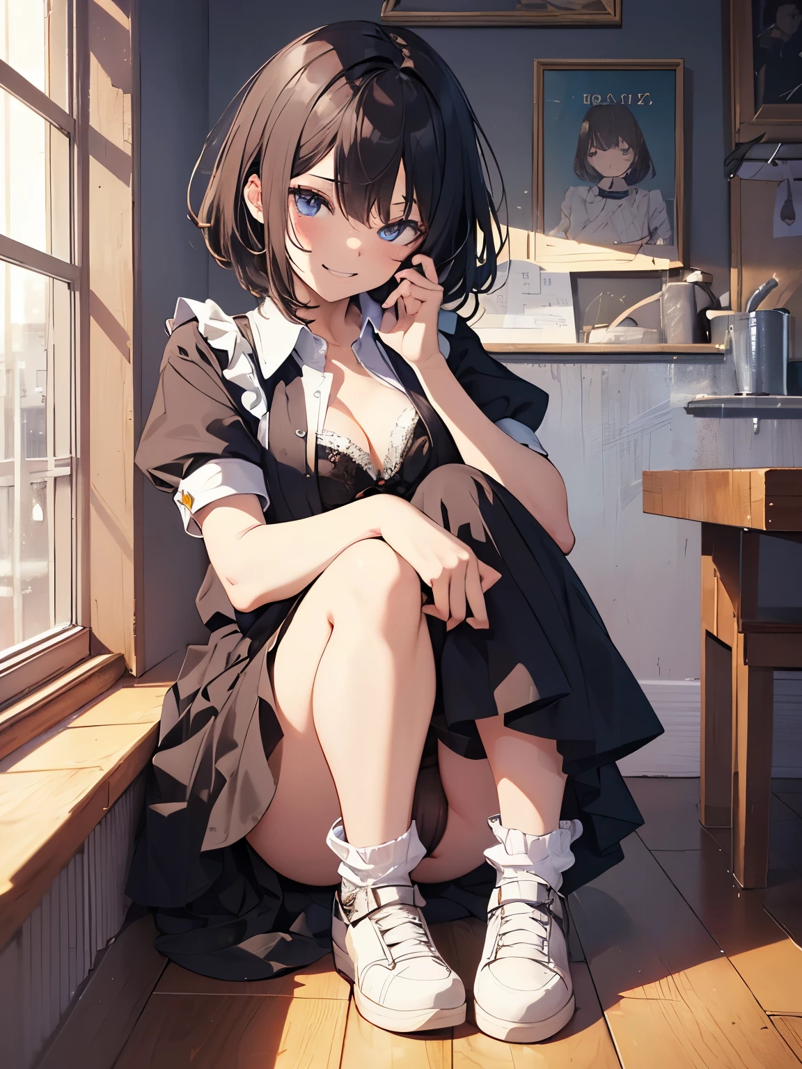 (official art、highest quality、Unity 8k wallpaper、32K、masterpiece、super detailed、超high resolution、realistic、Photoreal:1.2)、(cinematic lighting:1.2)、fire glow effect、film grain、best shadows、rim lighting、side light、(Super detailed and complex 3D rendering)、Background like Makoto Shinkai、detailed beautiful face and eyes、(Beautiful and sharp pupils)、masterpiece, high resolution、highest quality, ultla highres, maximum resolution, very detailed, professional lighting, beautiful skin, 28 year old woman、very pretty、Brooklyn、Inside the cafe、sofa、waitress、Maid clothes、work at a cafe、Maid clothes、skirt、Grab your shirt、(panties:1.1、Shirt Unbuttoning:1.1、bra:1.1)、shoes下、shoes、bright hair color、blonde、bangs、dull bangs、(((squint your eyes、grinning、ridicule、naughty face)))、The girl is looking to the side、Wide angle、angle from below、(((Precise human body structure、Correct and accurate number of limbs、Correct and accurate number of fingers)))