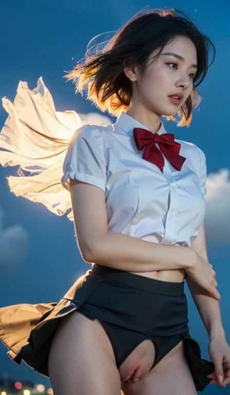 (8k, RAW photo, best quality, masterpiece:1.2), (realistic, photo-realistic:1.37), ultra-detailed, beautiful face,
1 girl,cute, solo,beautiful detailed sky,detailed tokyo street,night,
medium breasts,beautiful detailed eyes,(collared shirt), bowtie,pleated skirt,(short hair),floating hair,((Crotchless Panties:1.4)),((pussy:1.4)),((the wind blows up the skirt :1.4)),(((The skirt flutters in the wind、Wind Lift-Up Skirt:1.4)))