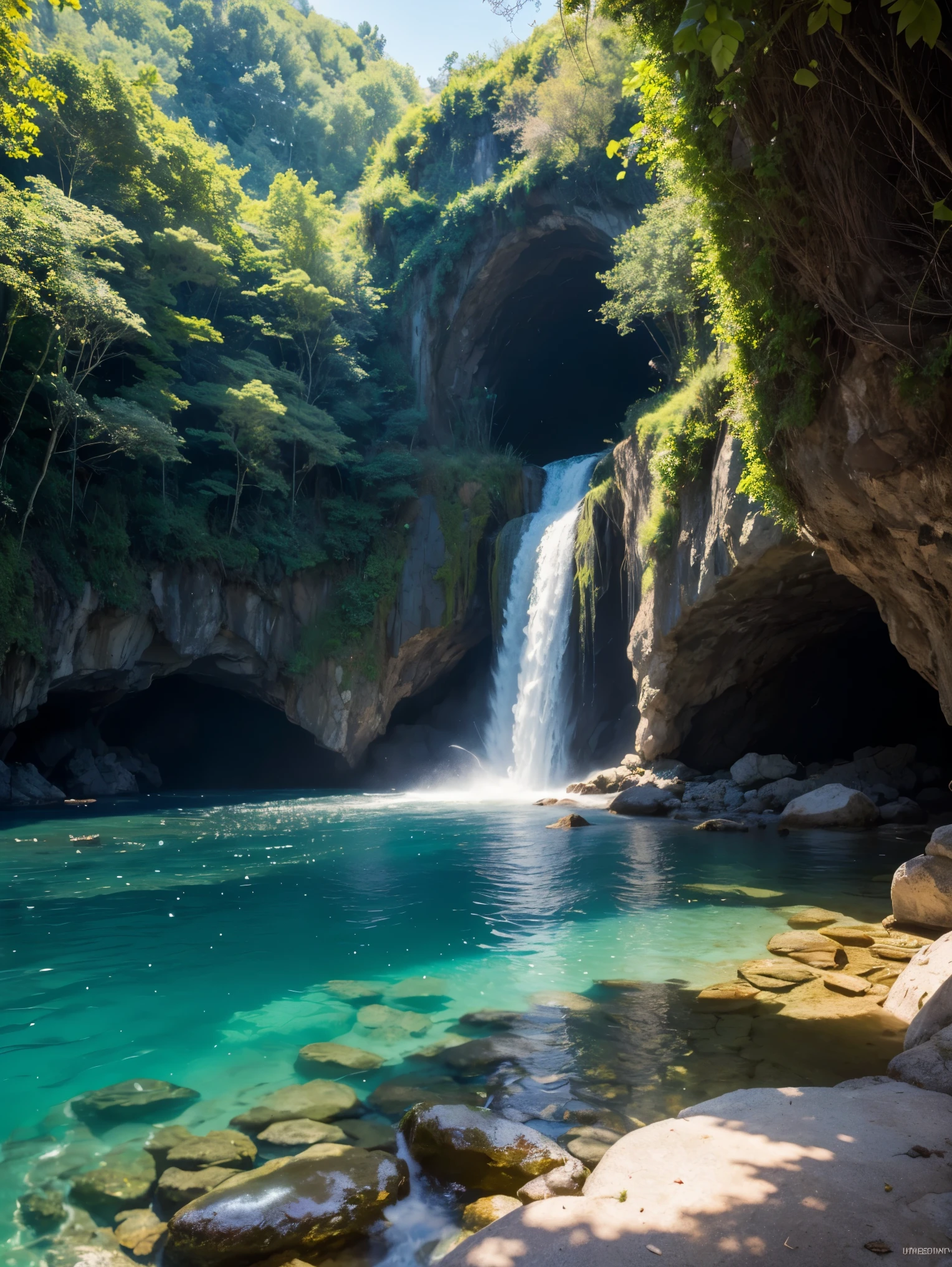 (best quality,4k,8k,highres,masterpiece:1.2),ultra-detailed,(realistic,photorealistic,photo-realistic:1.37),inside the shadow,bright summer Mediterranean landscape,looking outside,bright and sunny day,white stone cave with intricate details,cool and comfortable atmosphere,vibrant green crops with delicate leaves,tall and lush trees with thick foliage in different shades of green,gentle waves on the sparkling blue sea in the distance,crystal clear water reflecting the sunlight,peaceful and serene ambiance,birds flying freely in the sky,soft and warm sunlight streaming into the cave through the entrance,illuminating the textured walls and creating intricate shadows,dappled light falling on the ground,adding depth and dimension to the scene,detailed textures on the stone walls,accentuating the natural beauty of the cave,whispering breeze carrying the scent of the sea and vegetation,peaceful and relaxing sound of waves echoing through the cave,feeling of tranquility and harmony with nature,touch of romance and mystery in the air,feeling of being completely immersed in the beauty of the surroundings,inviting viewers to step into this enchanting scene and experience its magic themselves,with every detail captured in stunning UHD resolution,allowing viewers to appreciate every brushstroke and texture,creating a perfect crisp focus that brings the scene to life,immersing viewers in the vibrant colors and rich details of the artwork