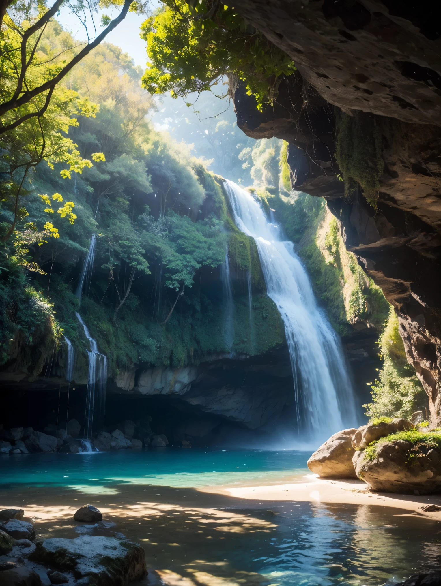 (best quality,4k,8k,highres,masterpiece:1.2),ultra-detailed,(realistic,photorealistic,photo-realistic:1.37),inside the shadow,bright summer Mediterranean landscape,looking outside,bright and sunny day,white stone cave with intricate details,cool and comfortable atmosphere,vibrant green crops with delicate leaves,tall and lush trees with thick foliage in different shades of green,gentle waves on the sparkling blue sea in the distance,crystal clear water reflecting the sunlight,peaceful and serene ambiance,birds flying freely in the sky,soft and warm sunlight streaming into the cave through the entrance,illuminating the textured walls and creating intricate shadows,dappled light falling on the ground,adding depth and dimension to the scene,detailed textures on the stone walls,accentuating the natural beauty of the cave,whispering breeze carrying the scent of the sea and vegetation,peaceful and relaxing sound of waves echoing through the cave,feeling of tranquility and harmony with nature,touch of romance and mystery in the air,feeling of being completely immersed in the beauty of the surroundings,inviting viewers to step into this enchanting scene and experience its magic themselves,with every detail captured in stunning UHD resolution,allowing viewers to appreciate every brushstroke and texture,creating a perfect crisp focus that brings the scene to life,immersing viewers in the vibrant colors and rich details of the artwork