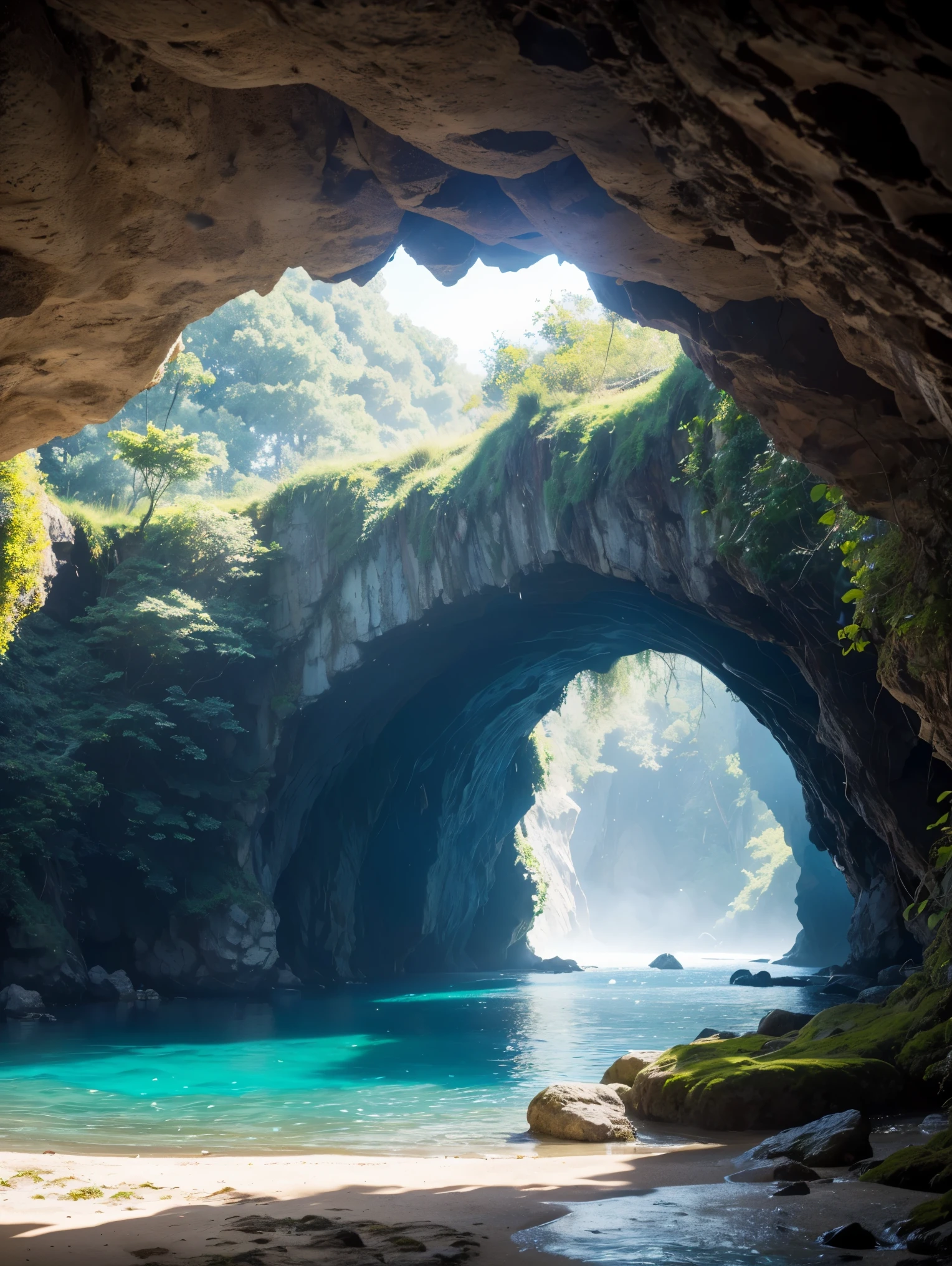 (best quality,4k,8k,highres,masterpiece:1.2),ultra-detailed,(realistic,photorealistic,photo-realistic:1.37),inside the shadow,bright summer Mediterranean landscape,looking outside,bright and sunny day,white stone cave with intricate details,cool and comfortable atmosphere,vibrant green crops with delicate leaves,tall and lush trees with thick foliage in different shades of green,gentle waves on the sparkling blue sea in the distance,crystal clear water reflecting the sunlight,peaceful and serene ambiance,birds flying freely in the sky,soft and warm sunlight streaming into the cave through the entrance,illuminating the textured walls and creating intricate shadows,dappled light falling on the ground,adding depth and dimension to the scene,detailed textures on the stone walls,accentuating the natural beauty of the cave,whispering breeze carrying the scent of the sea and vegetation,peaceful and relaxing sound of waves echoing through the cave,feeling of tranquility and harmony with nature,touch of romance and mystery in the air,feeling of being completely immersed in the beauty of the surroundings,inviting viewers to step into this enchanting scene and experience its magic themselves,with every detail captured in stunning UHD resolution,allowing viewers to appreciate every brushstroke and texture,creating a perfect crisp focus that brings the scene to life,immersing viewers in the vibrant colors and rich details of the artwork