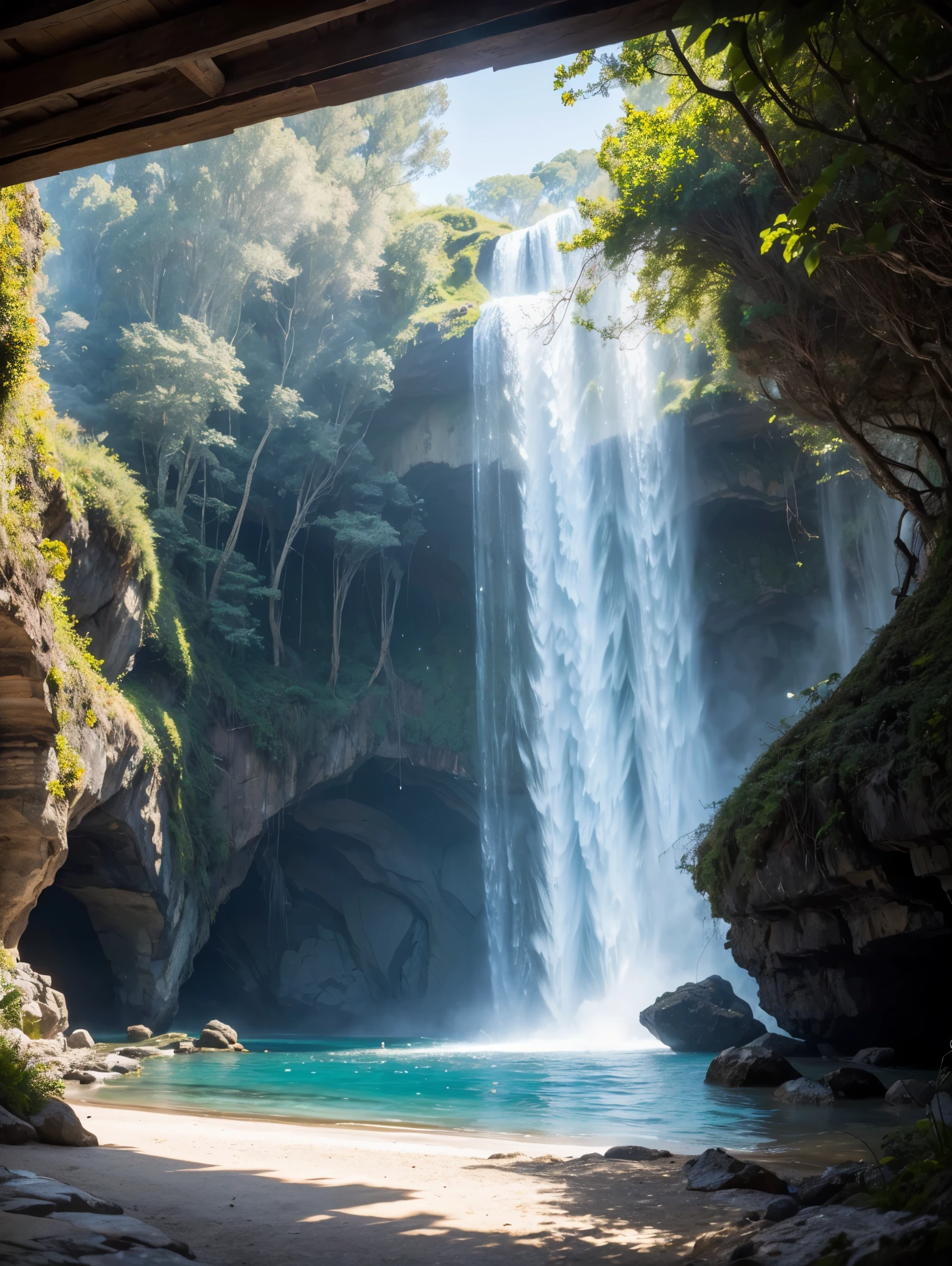 (best quality,4k,8k,highres,masterpiece:1.2),ultra-detailed,(realistic,photorealistic,photo-realistic:1.37),inside the shadow,bright summer Mediterranean landscape,looking outside,bright and sunny day,white stone cave with intricate details,cool and comfortable atmosphere,vibrant green crops with delicate leaves,tall and lush trees with thick foliage in different shades of green,gentle waves on the sparkling blue sea in the distance,crystal clear water reflecting the sunlight,peaceful and serene ambiance,birds flying freely in the sky,soft and warm sunlight streaming into the cave through the entrance,illuminating the textured walls and creating intricate shadows,dappled light falling on the ground,adding depth and dimension to the scene,detailed textures on the stone walls,accentuating the natural beauty of the cave,whispering breeze carrying the scent of the sea and vegetation,peaceful and relaxing sound of waves echoing through the cave,feeling of tranquility and harmony with nature,touch of romance and mystery in the air,feeling of being completely immersed in the beauty of the surroundings,inviting viewers to step into this enchanting scene and experience its magic themselves,with every detail captured in stunning UHD resolution,allowing viewers to appreciate every brushstroke and texture,creating a perfect crisp focus that brings the scene to life,immersing viewers in the vibrant colors and rich details of the artwork
