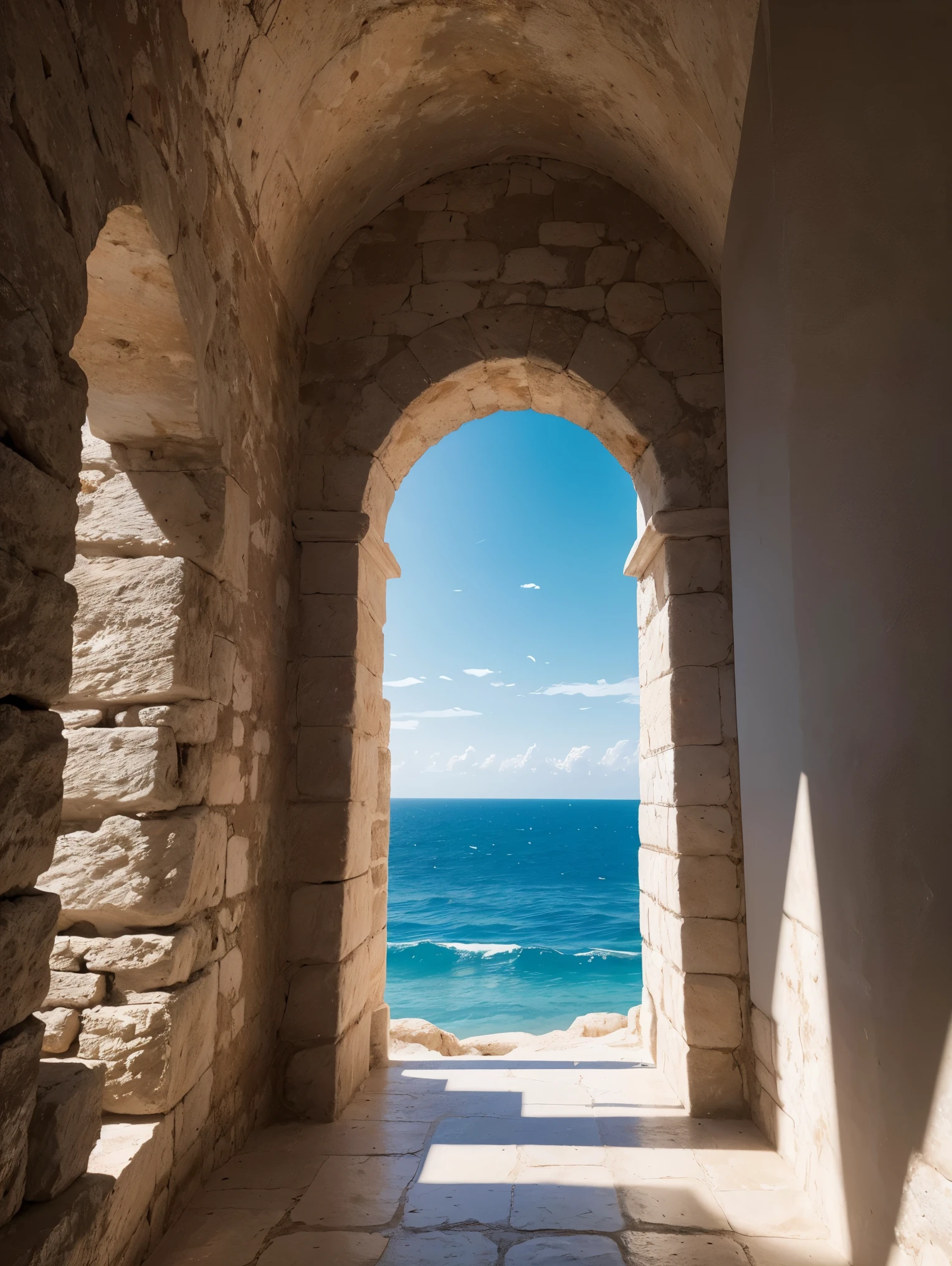 Inside the shadow of a white stone cave. Looking outside. A bright summer Mediterranean landscape. Crops, trees. Sea in the distance.masterpiece, UHD, perfect crisp  focus.