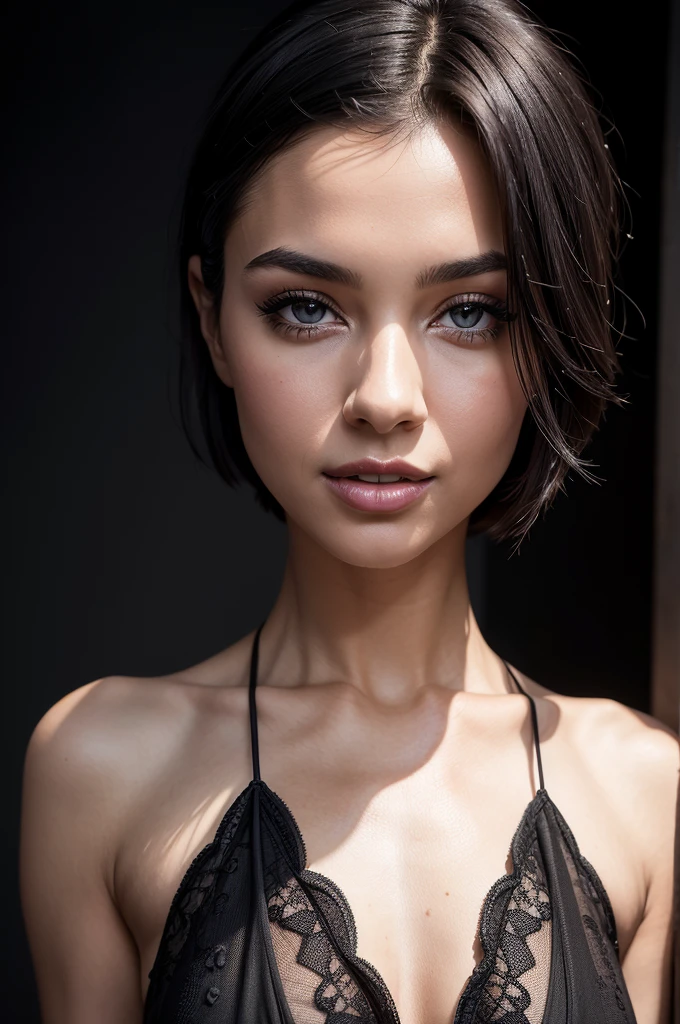 woman wearing black dress, photoshoot, intense, stunning, glamorous pose, elegant pose, solo, black short hair, smile, looking at viewer, hazel eyes, masterpiece, depth of field, studio lighting, closeup, photo-realistic, studio background