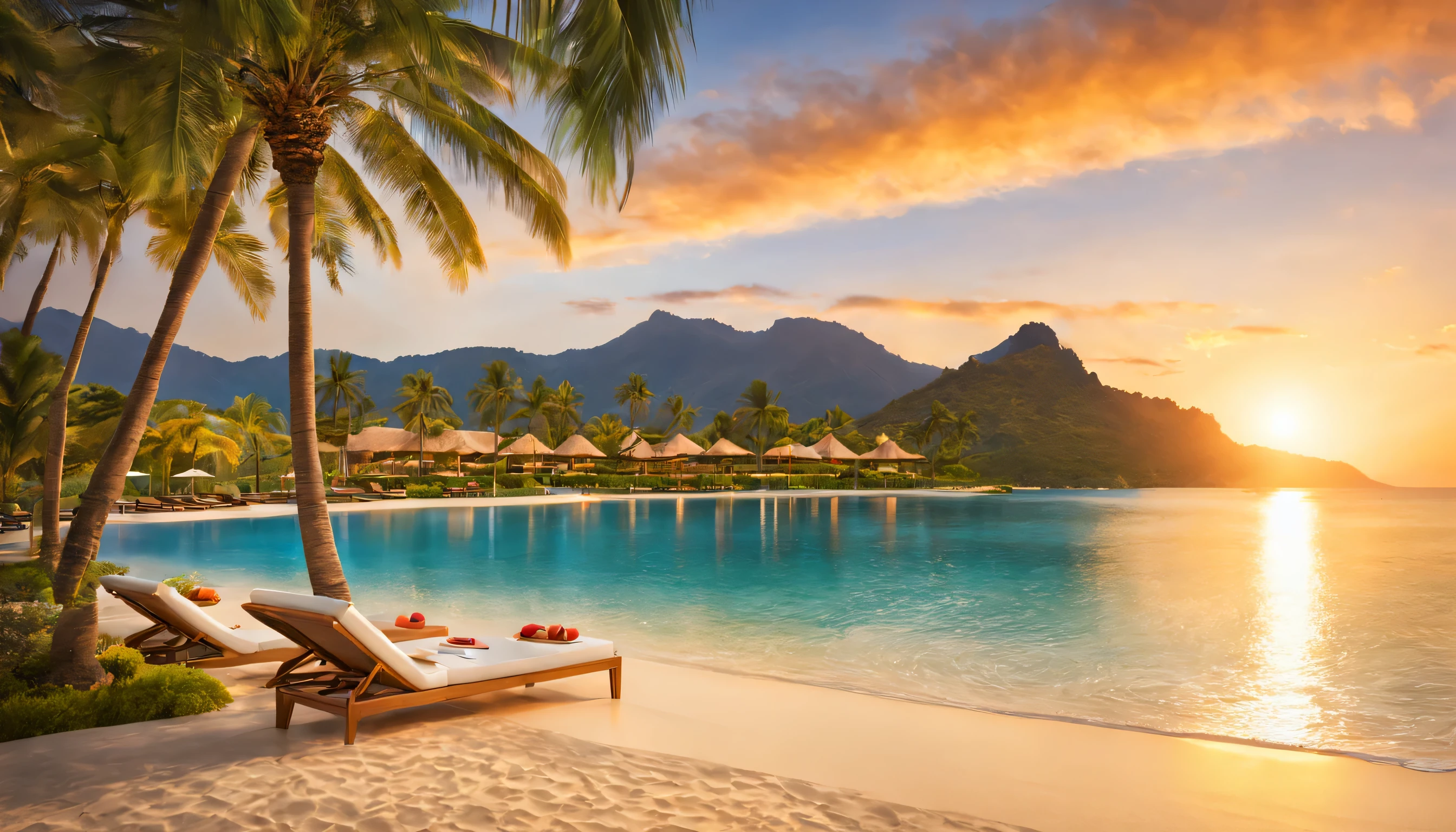 pristine beach,Golden sandy beaches stretch out to sea under the warm light of the setting sun. Towering palm trees provide shade and stunning views to luxury resort guests. The mountains in the distance stand majestically, Charming orange and yellow hues fill the skyline, Create an idyllic and peaceful atmosphere. artwork hd、Excellent quality, Emphasis on natural beauty.